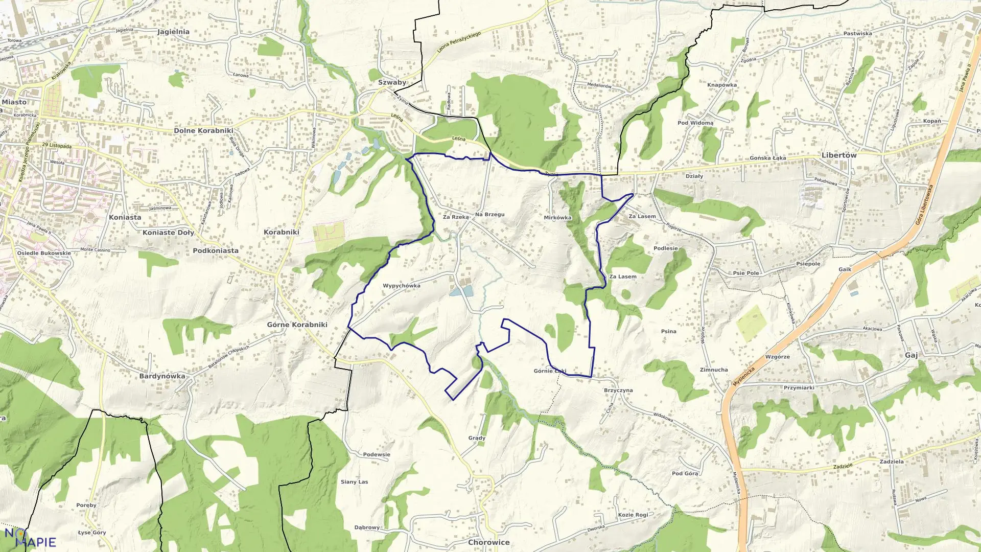 Mapa obrębu Brzyczyna w gminie Mogilany