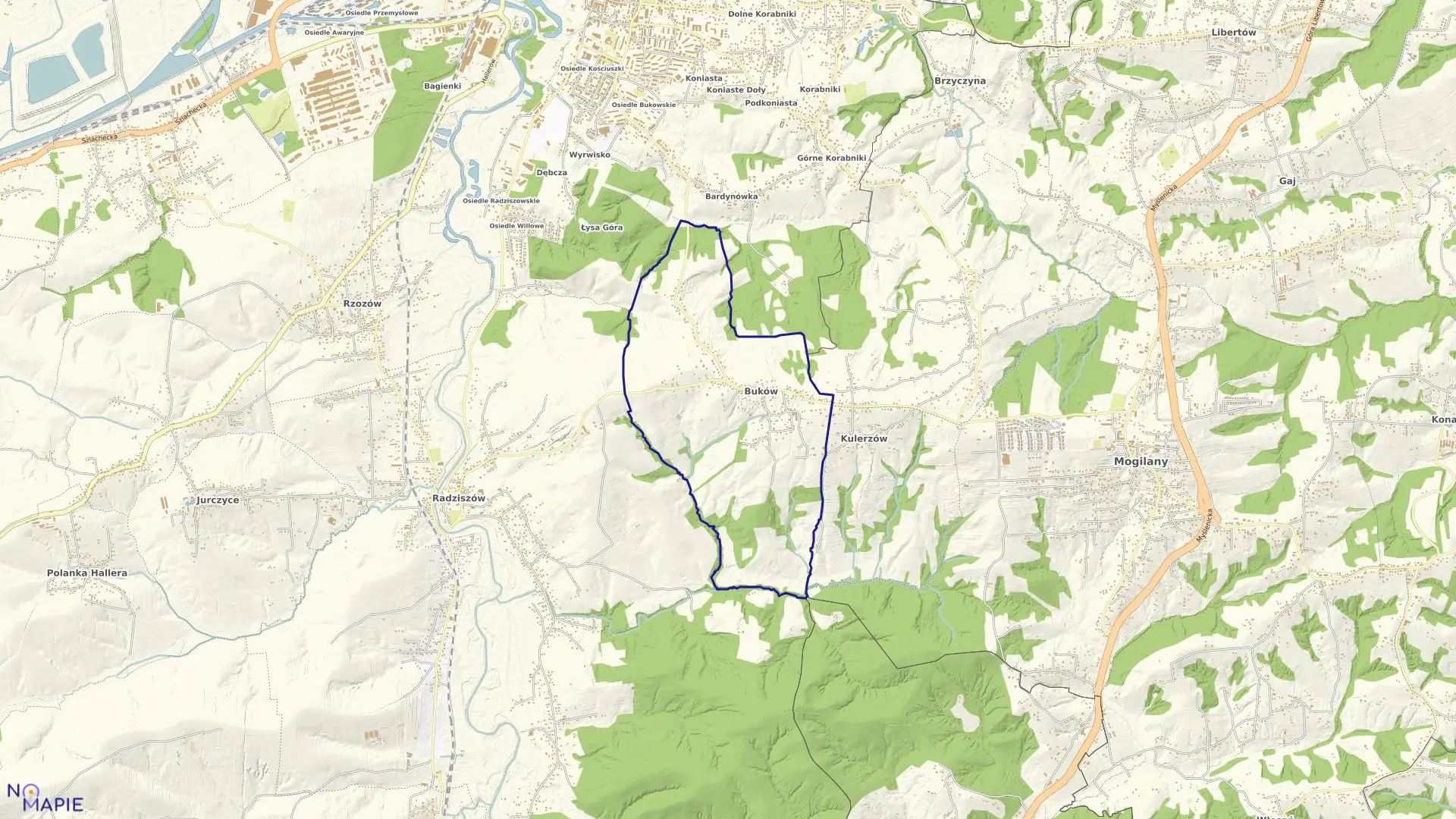 Mapa obrębu Buków w gminie Mogilany