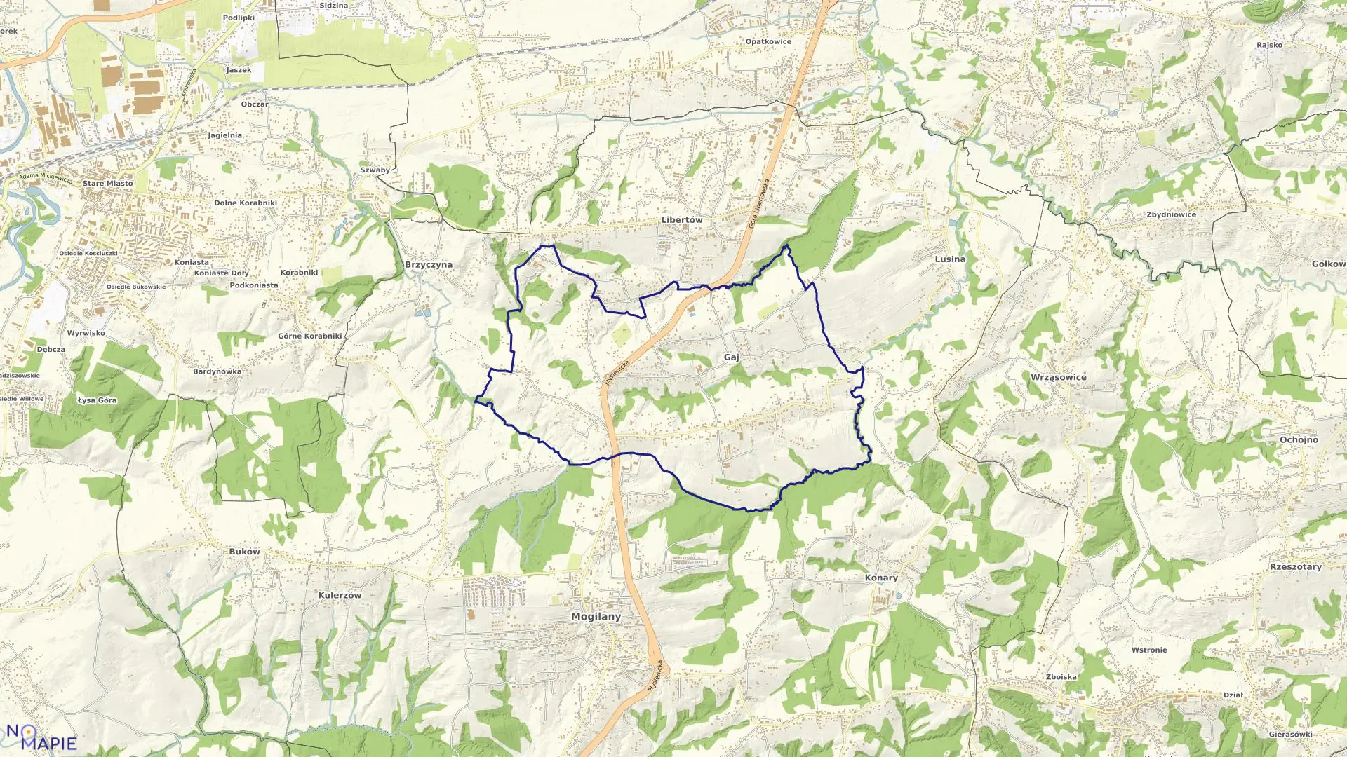 Mapa obrębu Gaj w gminie Mogilany
