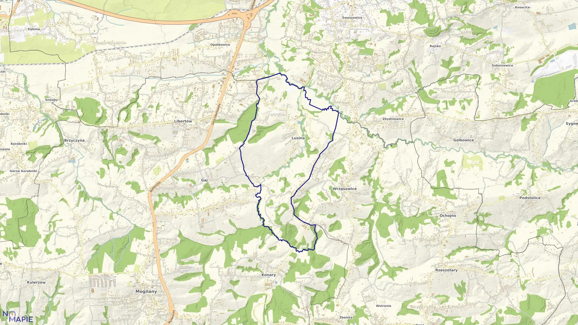 Mapa obrębu Lusina w gminie Mogilany